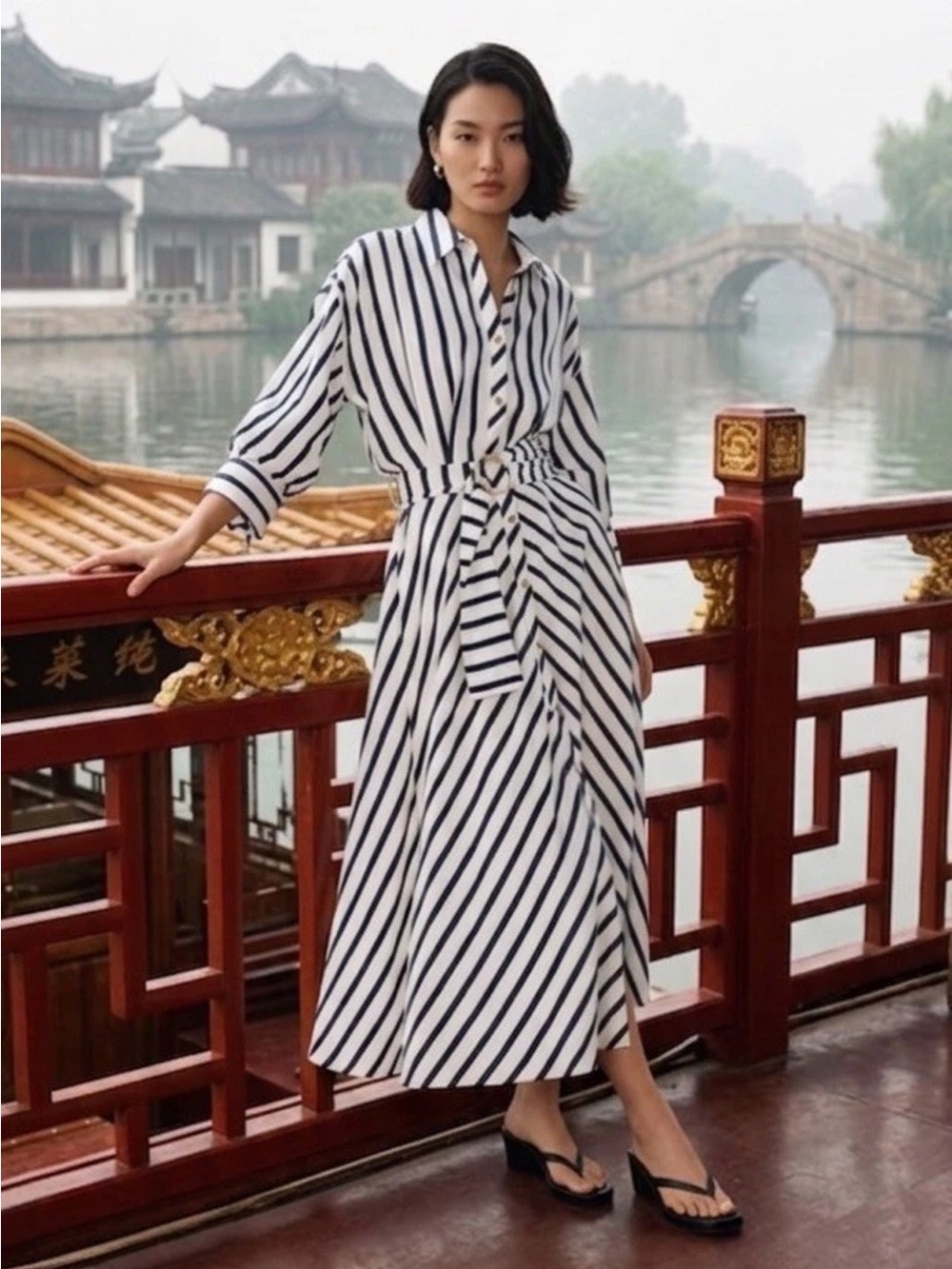 ZARA BELTED STRIPED MIDI DRESS - Picture 4 of 16